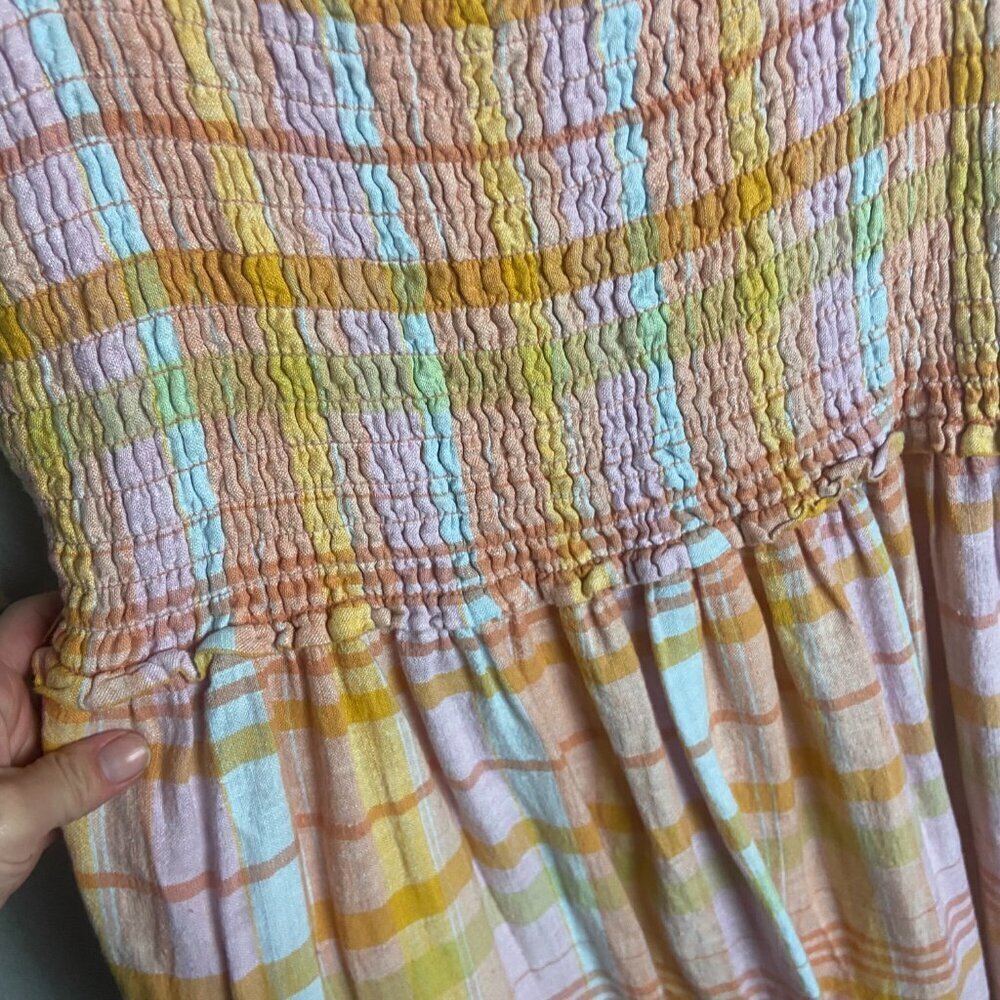 American Eagle Size L Dream Smocked Tank Dress Colorful Plaid Linen Mini Cottage - Picture 5 of 9